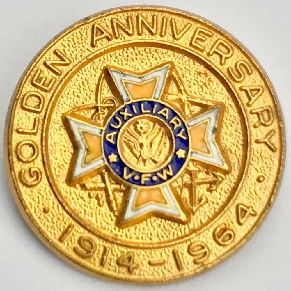 VFW Golden Anniversary 1964 Pin Vintage Gold Tone Brooch Auxillary Veteran